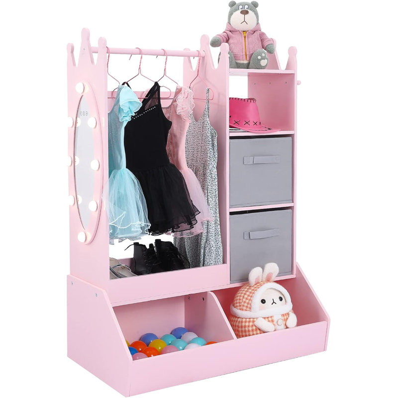 Kids Wardrobe Closet With Mirror, Girl Dress Up Storage, Open Hanging Costume Organizer Costume Wardrobe for Kids Pretend Storage Closet, Pink