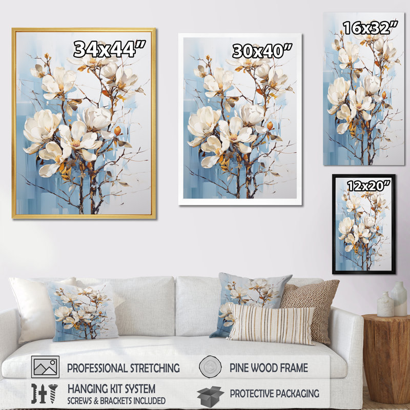 «White Elegance In Magnolias IV», reproduction sur toile, Cadre simple blanc, H 32 po x l 16 po x P 1 po