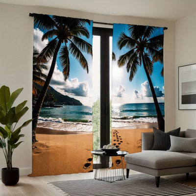2Pcs Tropical Beach Ocean View Curtains, Palm Tree Sunset Sea Waves Pattern, Rod Pocket Sun Blocking, Relaxing Nature Scenery, All-Season For Living Room Bedroom Study Window Decor