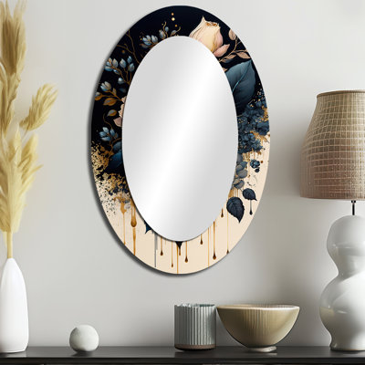 Grand miroir mural bleu marine et rose doré I sur métal