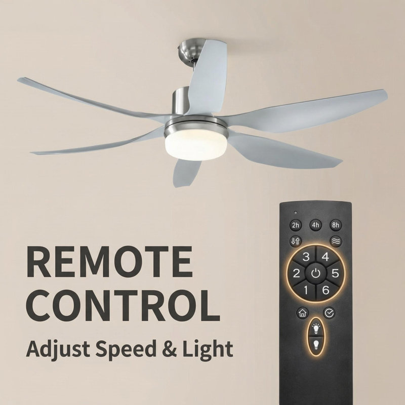 Reversible Ceiling Fan With Light 132Cm, 6 Blades Indoor Modern Low Profile Led Lighting Ceiling Fan With Remote Control – Quiet 6-Speed Motor, 8H Timer, Dimmable, Energy Efficient For Bedroom Living Room Dining Room Home Office, Silver