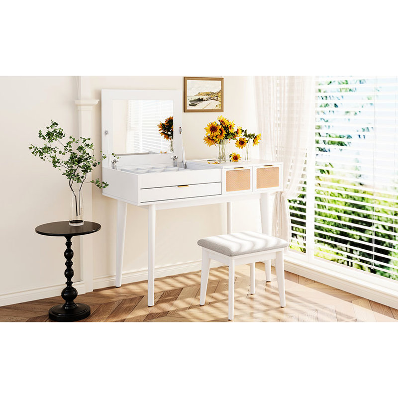 Coiffeuse 43,3 po avec tabouret, miroir rabattable et trois tiroirs, bureau fonctionnel et élégant