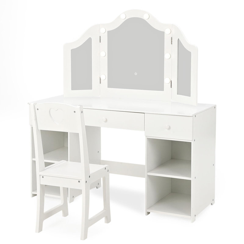 Coiffeuse pour enfants avec lumières, bureau de maquillage princesse, lumière tactile, miroir détachable à trois volets