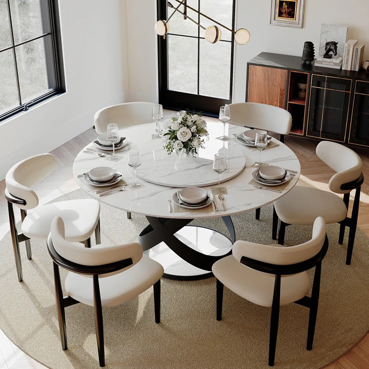Suzzie Modern Round Dining Table for 6, Sintered Stone Tabletop with Lazy Susan, Carbon Steel Base Pre-Assembly