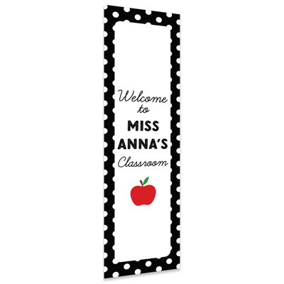 Vertical Custom Classroom Welcome Banner Sign For Teachers, Black & White Polka Dots, Door, Wall Decor
