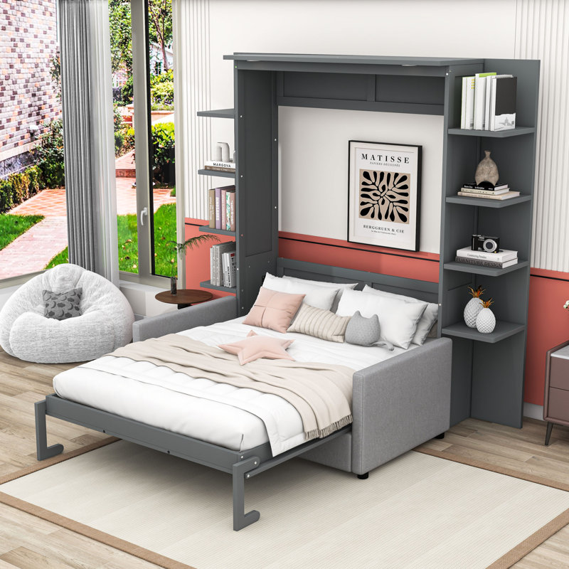 Grand lit escamotable avec canapé intégré, mécanisme de levage facile et design élégant, Gris