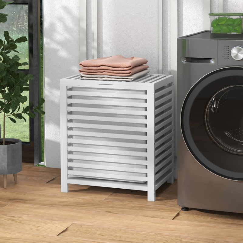 Bamboo Laundry Hamper With Lid, Laundry Basket With Removable Liner Bag, Dirty Clothes Hamper, 19.75 X 14.25 X 23.5 Inches, White