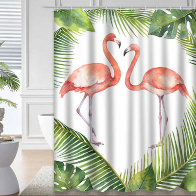 Rideau de douche aquarelle rose flamant rose et feuilles tropicales avec 12 crochets