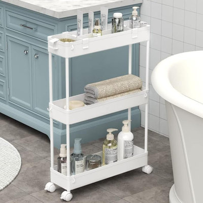 Chariot de rangement mince à 3 niveaux, utilitaire roulant d'organisation de salle de bain, étagère mobile coulissante pour le bureau, la cuisine, la salle de lavage et les espaces étroits, blanc