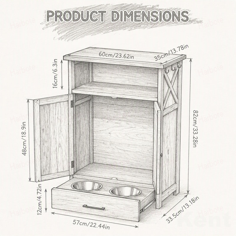 Dog Feeding Station with Storage Cabinet, Pet Feeder Station Cabinet with 3 Side Hooks, Raised 2 Elevated Dog Bowls & Hidden Pull-Out Drawer
