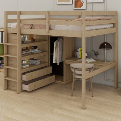 Lit mezzanine en bois avec garde-robe intégré, bureau, tablettes de rangement et tiroirs