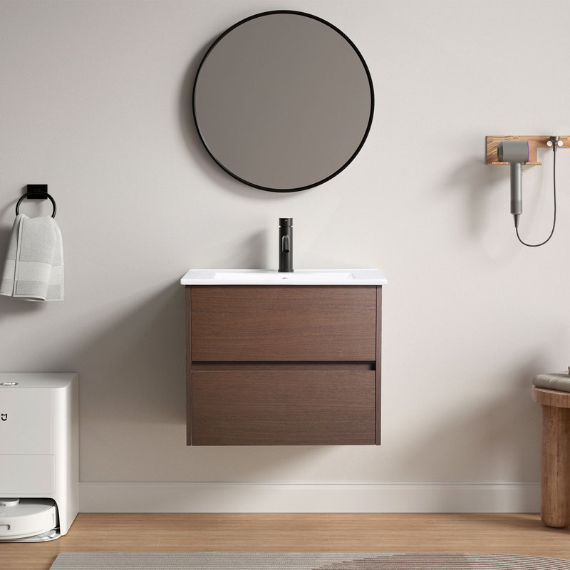 Meuble-lavabo mural brun foncé, assemblage facile, tiroir à fermeture en douceur avec glissières de qualité supérieure, fabrication en bois robuste, emballage sécuritaire sans lavabo