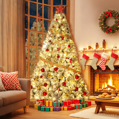 Arbre de Noël artificiel 9 pi avec lumières blanc chaud, matériau floqué réaliste, arbre de Noël festif avec charnières en métal et base pliable