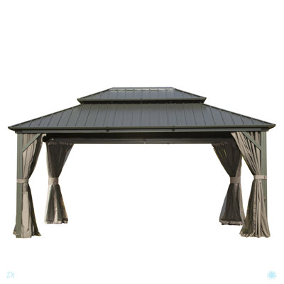 Hardtop Gazebo, Aluminum Metal Gazebo With Galvanized Steel Double Roof Canopy, Curtain And Netting, Permanent Gazebo Pavilion For Patio, Backyard, Deck, Lawn