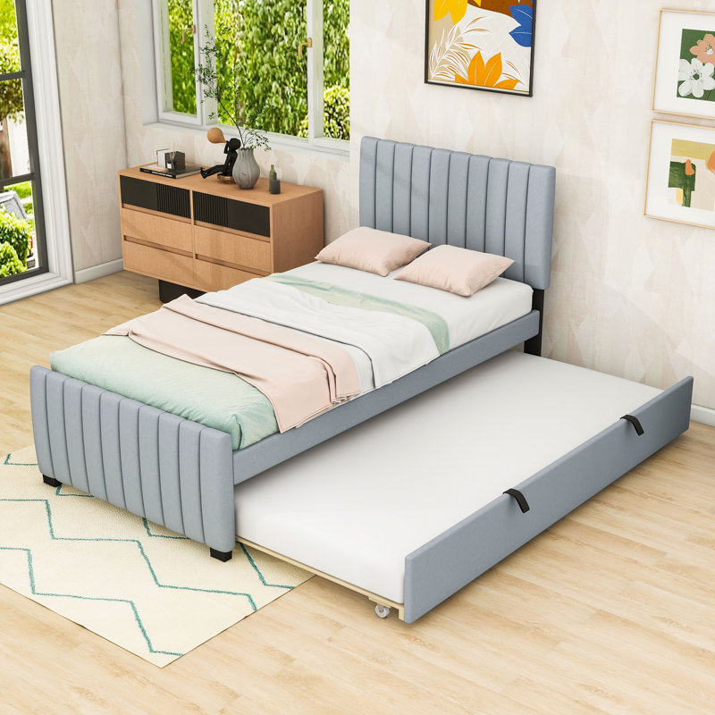 Lit plateforme simple tapissier avec lit gigogne simple, Gris
