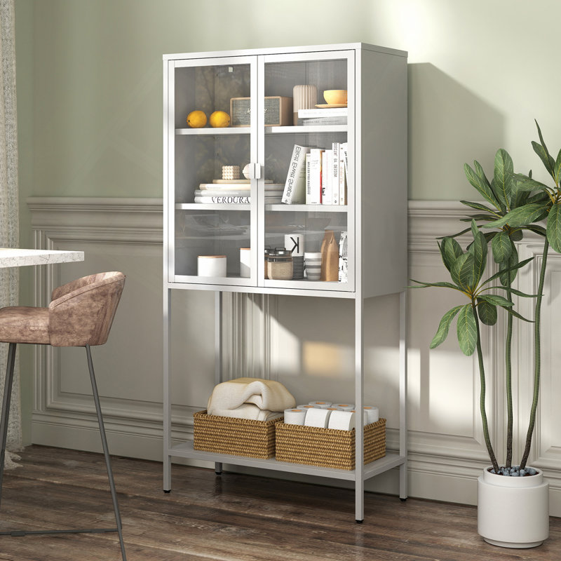 Tall Bookcase, Metal Storage Cabinet,Sideboard, Display Storage Cabinet, Bookcase With Storage, White