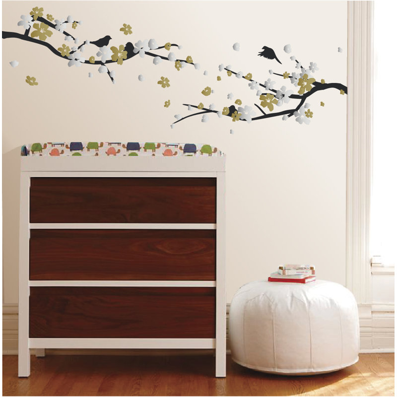 Décalcomanie murale petites fleurs de cerisier, Noir / Argent / Or, H 20 po x l 24 po x P 0,01 po