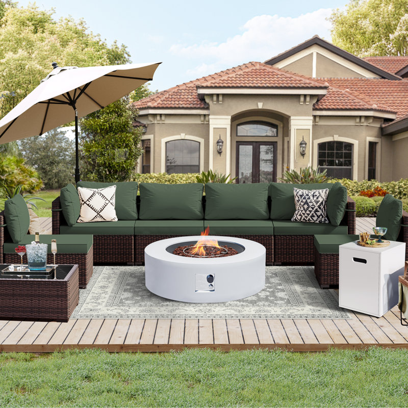Ensemble de conversation 9 pièces pour terrasse en rotin avec foyer extérieur de 42 pouces et coussin de siège confortable