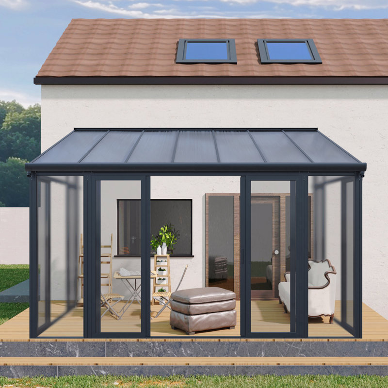Housse de patio fermée de 10 pi x 14 pi avec 3 portes coulissantes verrouillables, véranda toutes saisons avec cadre en alliage d'aluminium, toit en polycarbonate et système de panneau de panneau d'endurance en PC solide et transparent pour terrasse de