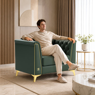 Canapé Chesterfield modulaire 1 place de 40,1 po de lumière, canapé en similicuir capitonné à la main, accoudoirs garnis de métal et pieds minces en métal, comprend 1 oreiller pour le salon, un appartement, vert