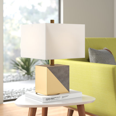 Severin 18.5" Tall Gold-Dipped Concrete Table Lamp with Fabric Shade in Gold and Concrete/White