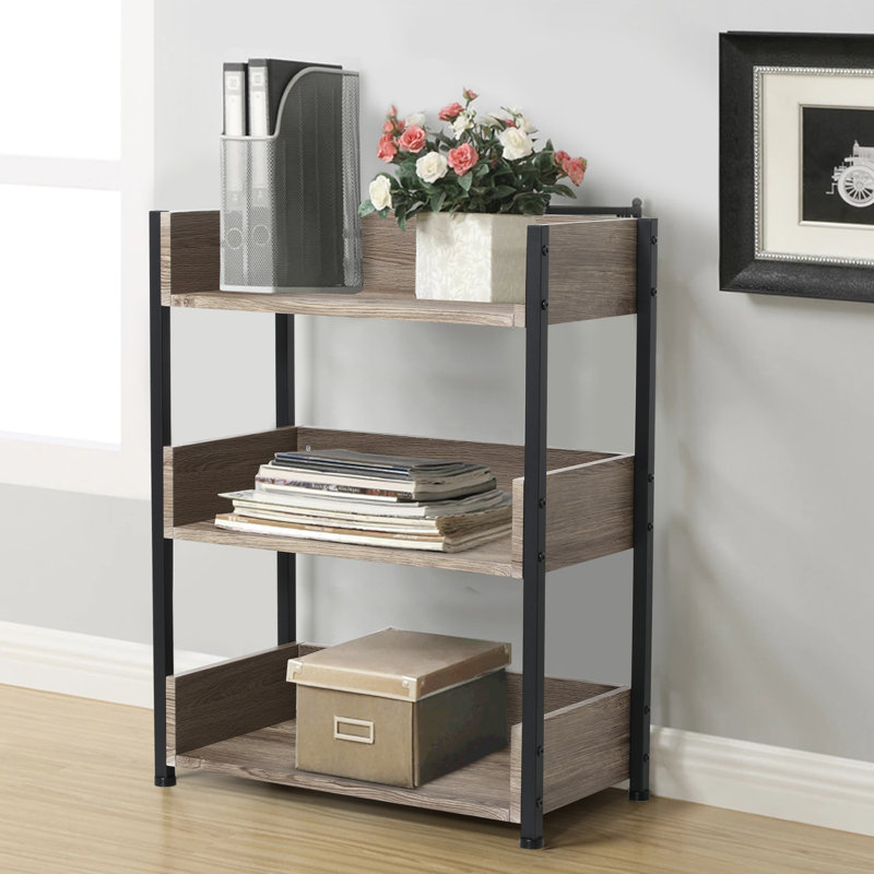 Chrystin 30“ H x 23” W Iron Etagere Bookcase 3 Shelf Open Shelf Storage Bookcase, Light Brown/Black