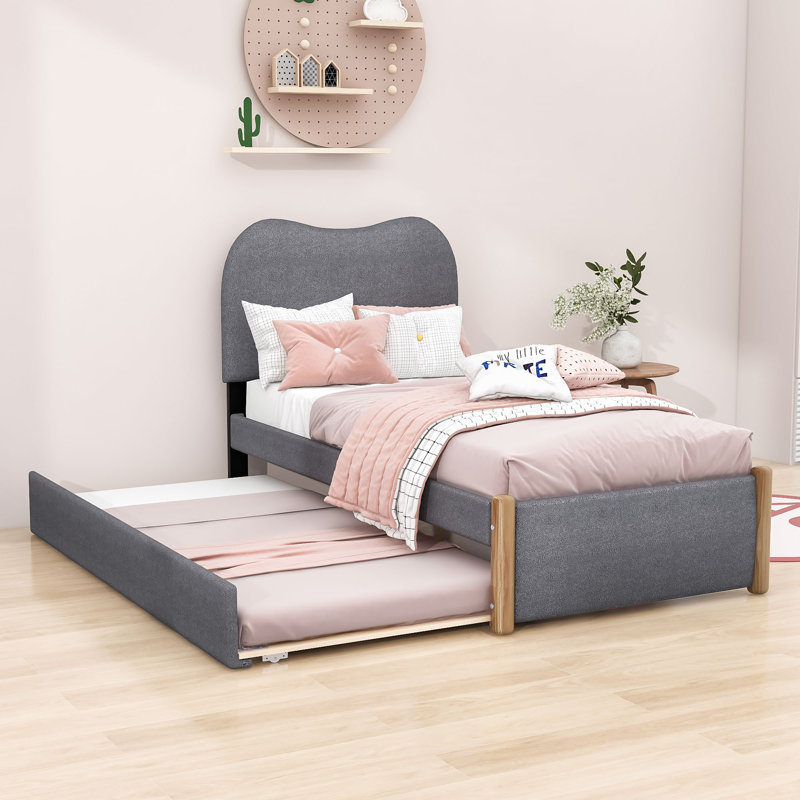 Lit plateforme tapissier en bois avec tête de lit simple et lit gigogne Jasontyler, gris
