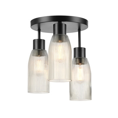 3-Light Flush Mount Ceiling Light, Matte Black, Clear Ribbed Glass Shades, Home Improvement, Dining Room, Kitchen
