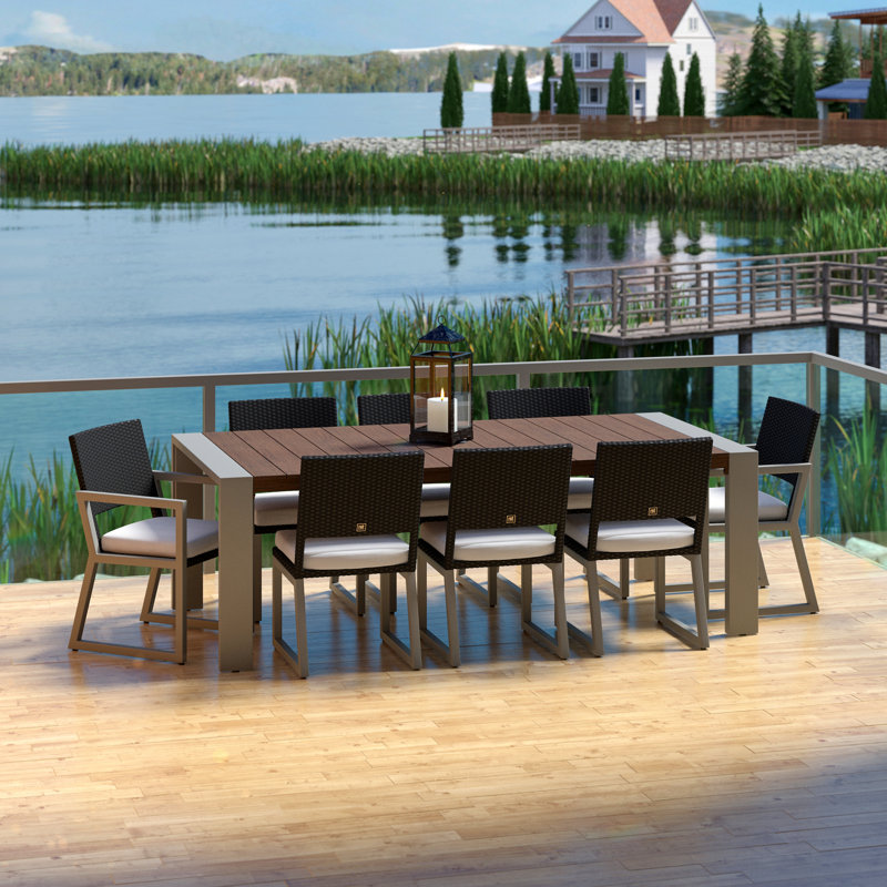 Ensemble de salle à manger de patio rectangulaire en aluminium 9 pièces avec coussins Sunbrella, Espresso