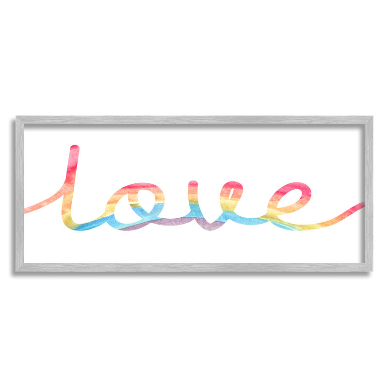 «Simplistic Rainbow Love», typographie cursive sur blanc, estampe numérique encadrée par Daphne Polselli, H 24 po x l 10 po