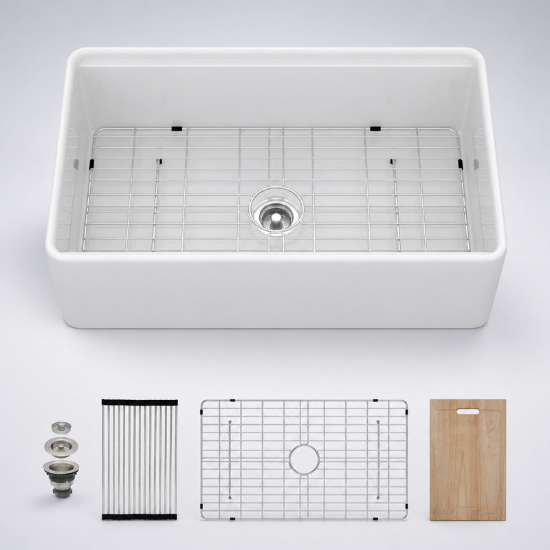 Durable White Porcelain Ceramic Farmhouse Kitchen Sink Workstation With Integrated Ledges For Efficient Space Saving