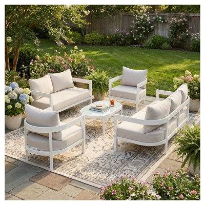 Ensemble de mobilier d'extérieur courbé en aluminium 5 pièces avec table basse ovale en verre - Ensemble de conversation beige et blanc pour cour, terrasse et bord de piscine