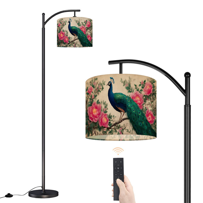 Lampe sur pied à arc avec abat-jour réglable paon branche perchée botanique chinois fleurs roses lampe sur pied verte 3 températures de couleur à haut gradateur avec interrupteur au pied pour la chambre à coucher
