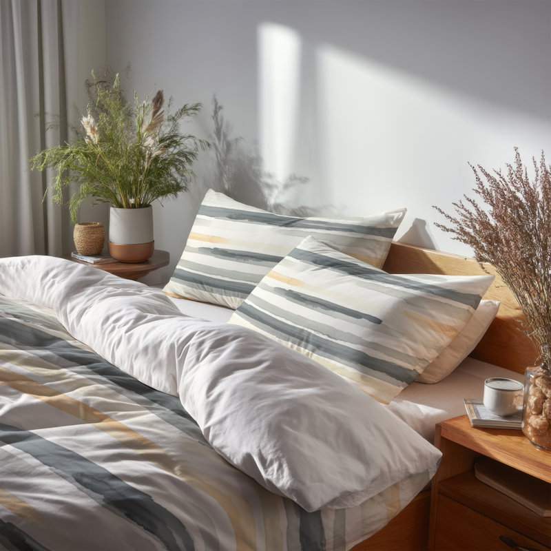 Ensemble de housse de couette rayée de 3 - Ensemble de literie et coussin décoratif moderne gris et jaune