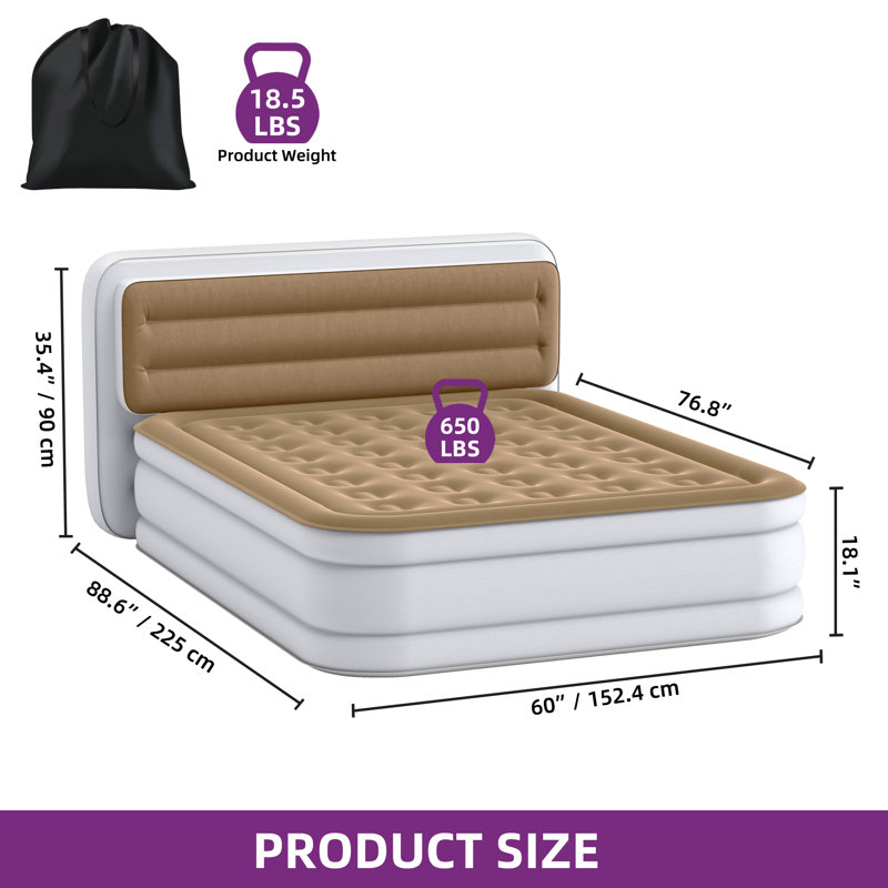 Alwyn Home 18'' Queen Air Mattress With Luxury Flocked Top Inflatable Bed With Pump Headboard With Horizontal Stripes, Beige
