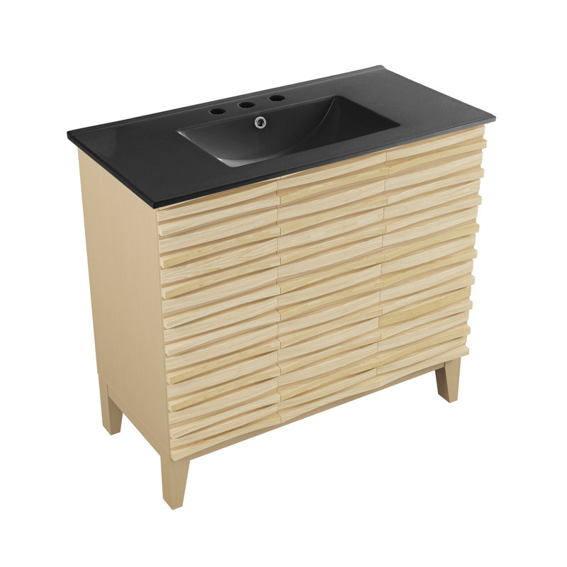 Meuble-lavabo en chêne naturel de 36 po avec comptoir en céramique noir à 3 trous Cascade, Chêne naturel, Noir