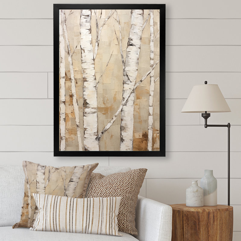 Beige minimalisme arbre bouleau IV sur toile, Cadre simple noir, H 44 po x l 34 po x P 1,5 po