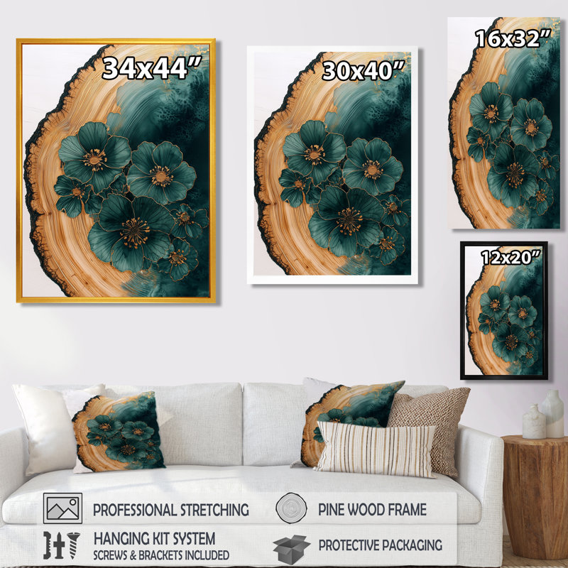 Fleurs vertes vertes sur glissade sur bois - Art sur toile, H 44 po x l 34 po, Toile tendue, Ne s’applique pas