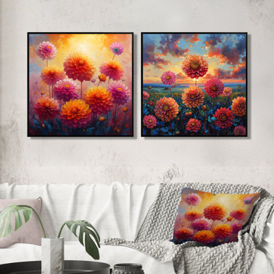 Orange Pink Summer Sunset Dahlia Field I - Dahlia Wall Decor - Traditional Wall Art 2 Piece