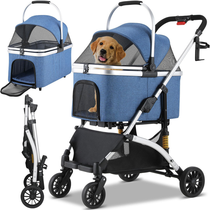 Foldable Pet Stroller, Blue/Silver