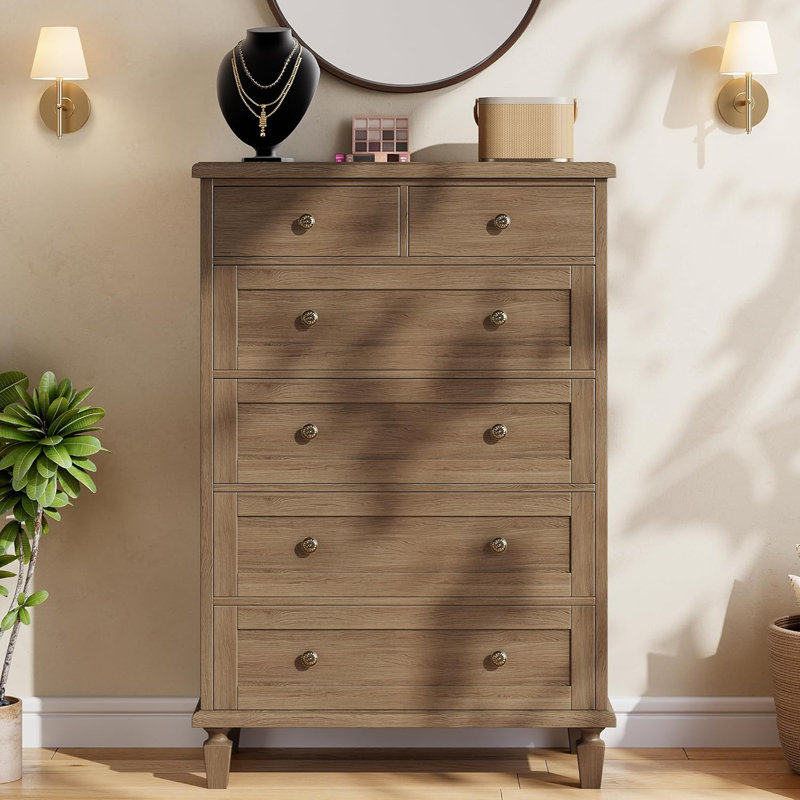 Commode 6 tiroirs Vintage pour chambre à coucher, commode haute en bois avec pieds fuselés, commodes et commodes, Brun