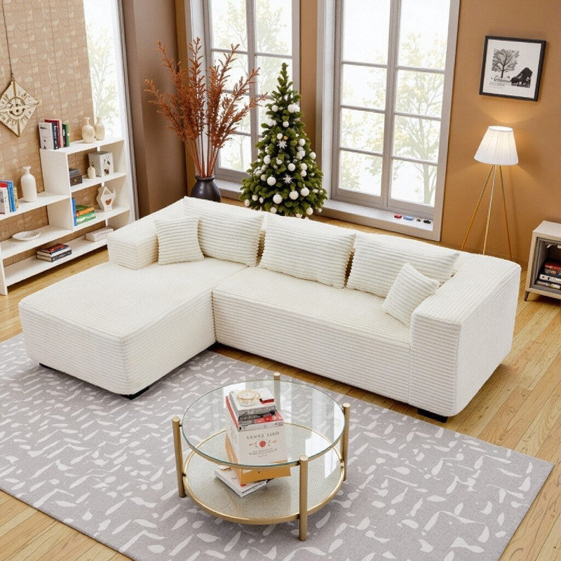 Canapé modulaire en L modulaire avec méridienne sans assemblage 4-5, Velours côtelé blanc