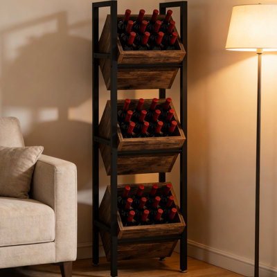 Support à vin autoportant industriel chic, brun rustique et tons de bois chaleureux, rangement incliné spacieux pour 36 bouteilles, construction, support de salon idéal avec des tons, compact, range les bouteilles