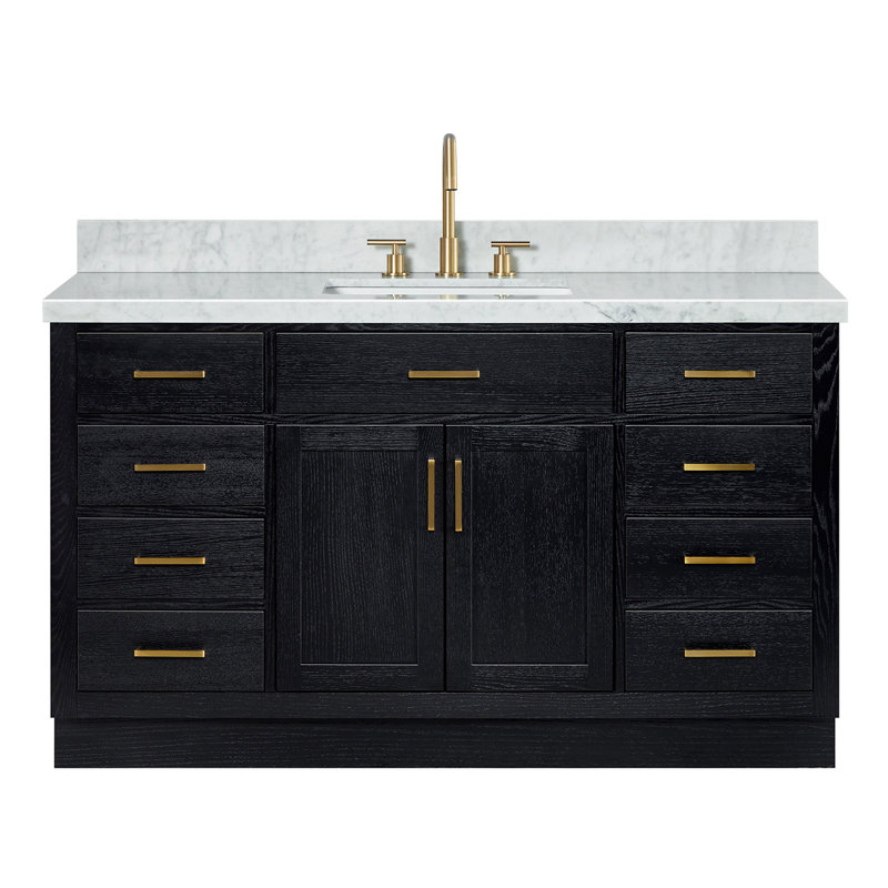 Tidworth Solid Wood Single Bathroom Vanity with 1.5'' Carrara Marble Top, Rectangular, Black Oak