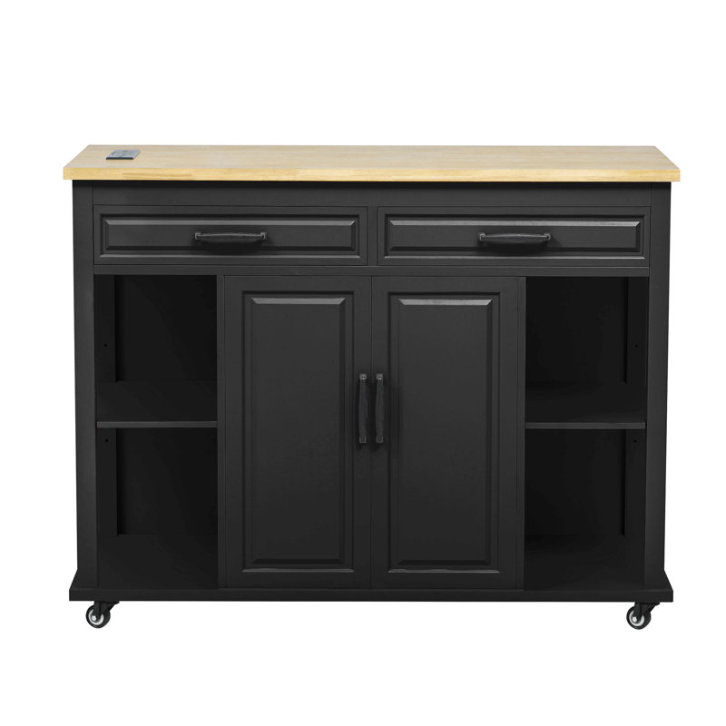 47" Kitchen Island with Extendable Table, Built-In Outlet & Storage – Black, Black
