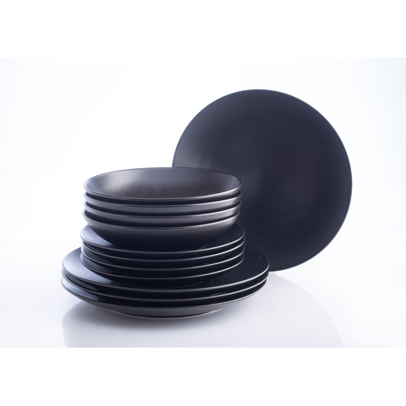 Black Matte 12-Piece Ceramic Dinnerware Set, Service for 4