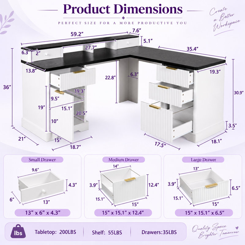 Bureau d'ordinateur de direction Aurora en forme de L avec station d'alimentation et port USB-C, bureau d'angle Japandi avec support d'écran réglable et tiroir à dossiers suspendus