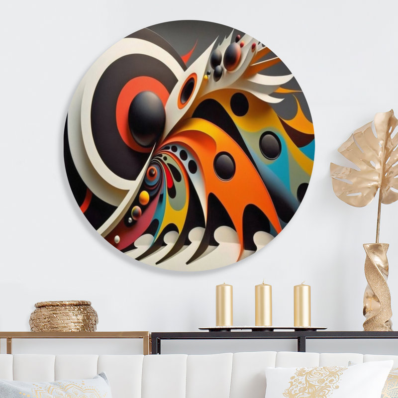 Minimaliste sphères colorées et vagues VII - Art abstrait géométrique rond sur métal, L 16 po x H 16 po