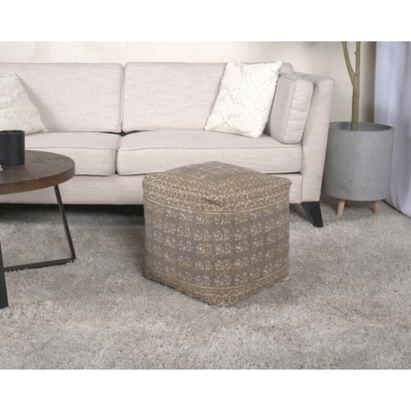 Pouf carré taupe et doré fabriqué à la main, fonctionnant comme un coussin de sol, mesurant 16 po x 16 po x 16 po, limite de poids de 200 lb, accessoire décoratif, rembourré à la main et mesurant 16 po de diamètre, capacité