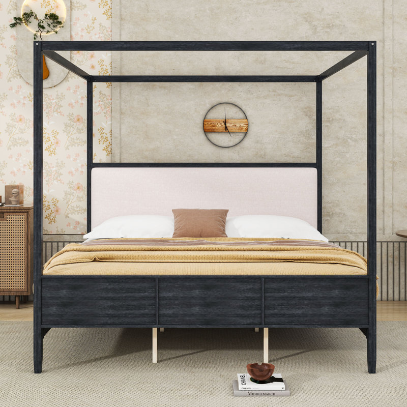 Canopy Bed with Upholstered Headboard, Black, King